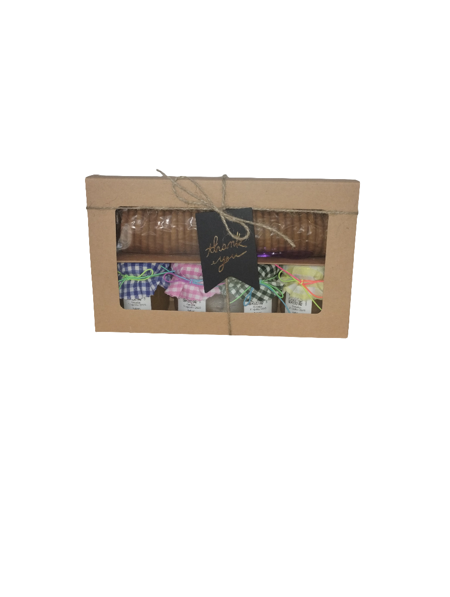 Caja de Regalo Del Palo Al Pote – Mermeladas Artesanales con Galletas y Cuchara (Mangó, Carambola, Guanabana, Guineo)