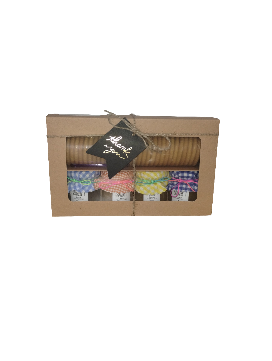 Caja de Regalo Del Palo Al Pote – Mermeladas Artesanales con Galletas y Cuchara (Parcha, Calabaza, Piña, Mangó)