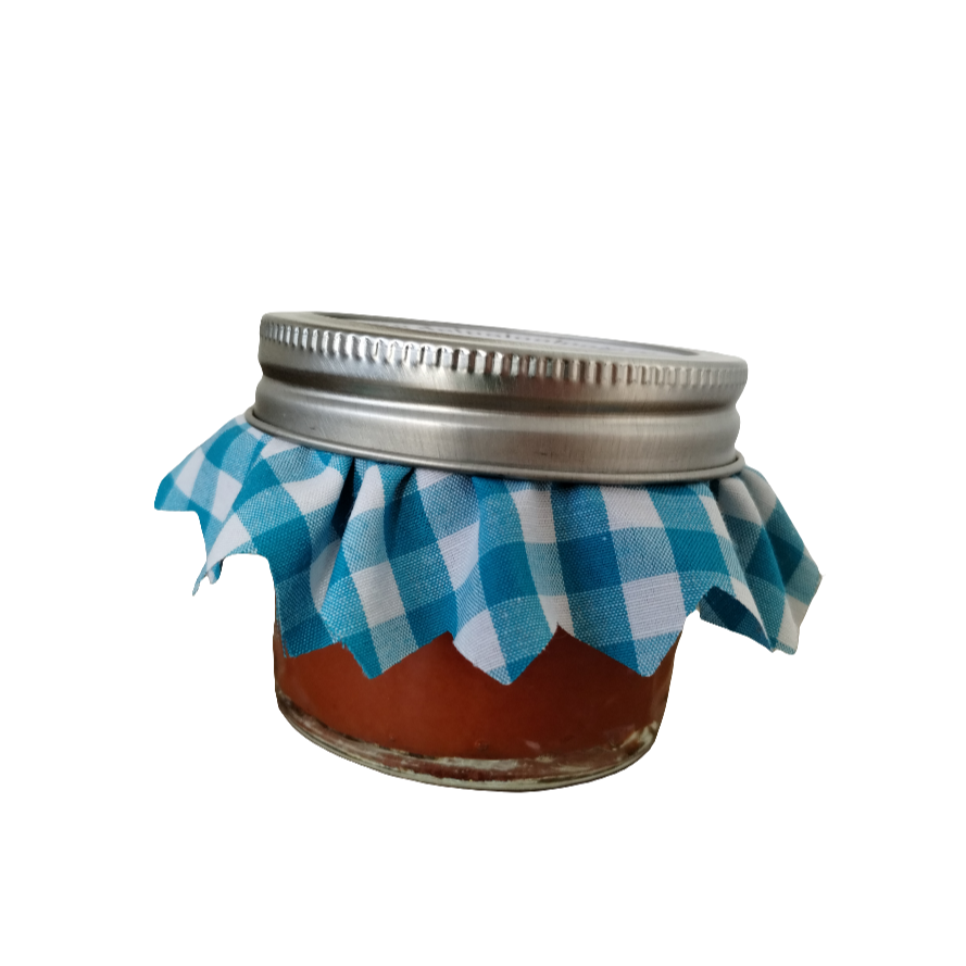 Frasco de mermelada de quenepa artesanal con tela azul turquesa – Del Palo Al Pote