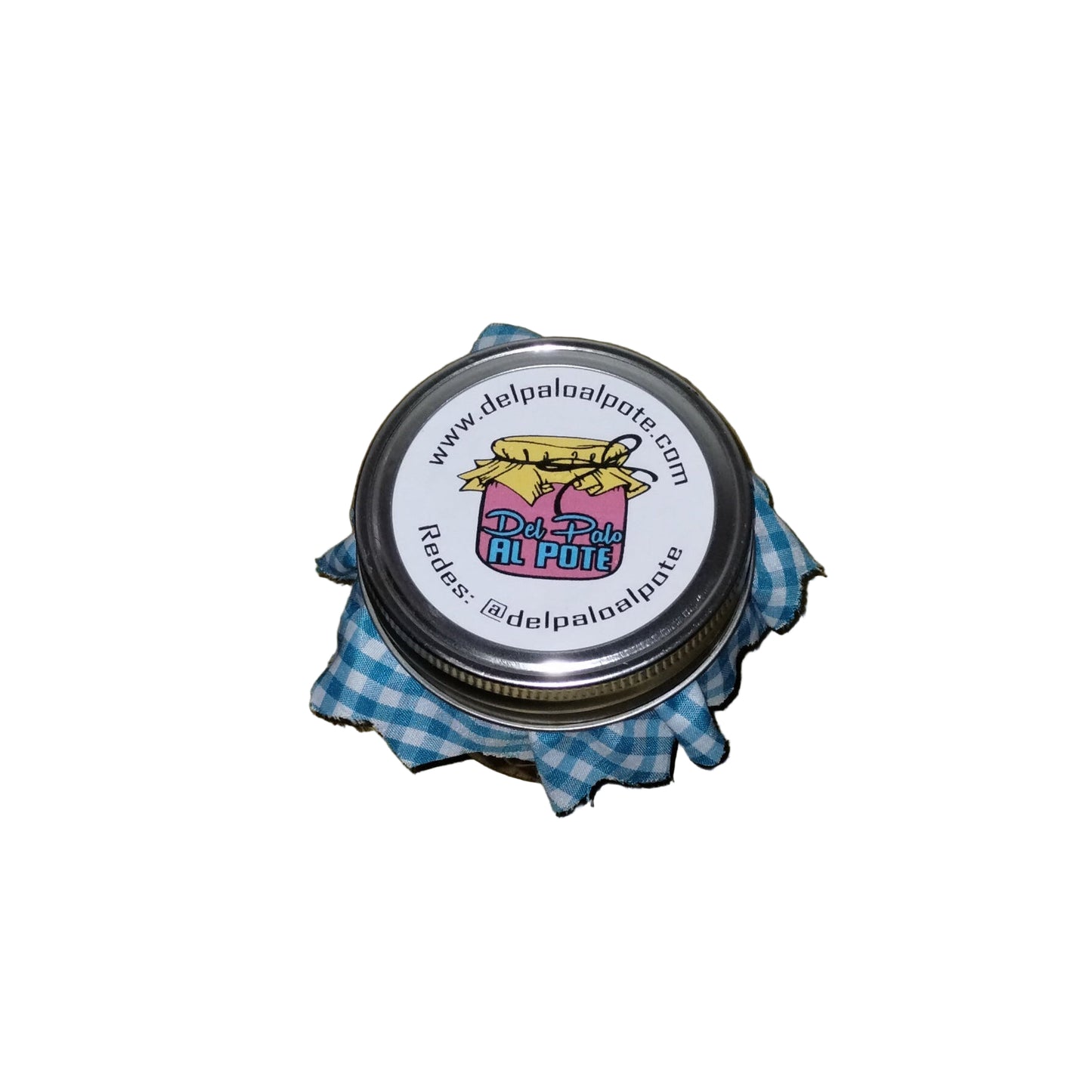 Frasco de 4 oz de mermelada artesanal de quenepa de Del Palo Al Pote, visto desde arriba con tapa metálica y logo impreso de la marca.