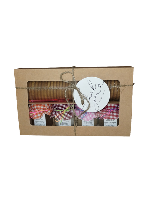 Papaya,Coco,
Carambola,Guayaba - Caja de Surtido de Mermeladas con Galletas y Cuchara