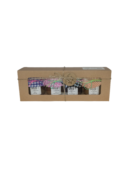 Caja de Regalo Del Palo Al Pote – Mermeladas Artesanales (Mango, Carambola, Tamarindo, Calabaza)