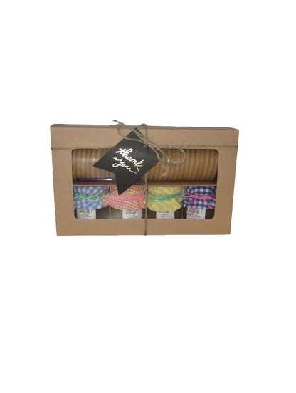 Caja de Regalo Del Palo Al Pote – Mermeladas Artesanales con Galletas y Cuchara (Parcha, Calabaza, Piña, Mangó)