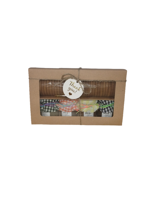 Caja de Regalo Del Palo Al Pote – Mermeladas Artesanales con Galletas y Cuchara (Guanábana, Lechosa, Guineo, Tamarindo)