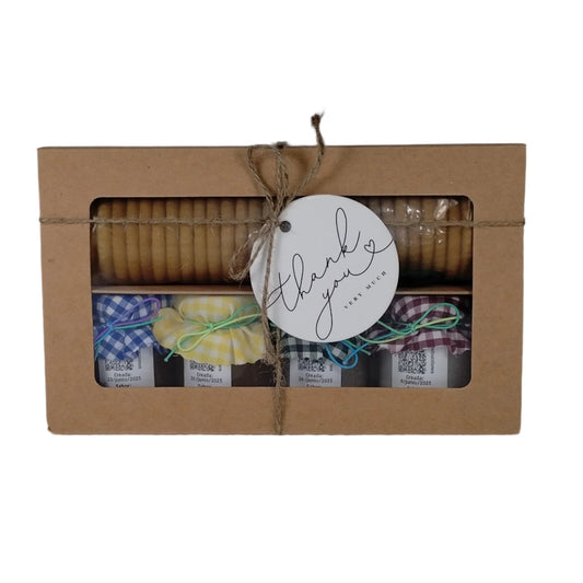 Caja de Regalo Del Palo Al Pote – Mermeladas Artesanales con Galletas y Cuchara (Mangó, Piña, Guanábana, Coco)