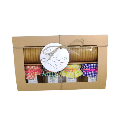 Caja de Regalo Del Palo Al Pote – Mermeladas Artesanales con Galletas y Cuchara (Papaya, Guanábana, Piña, Mangó)
