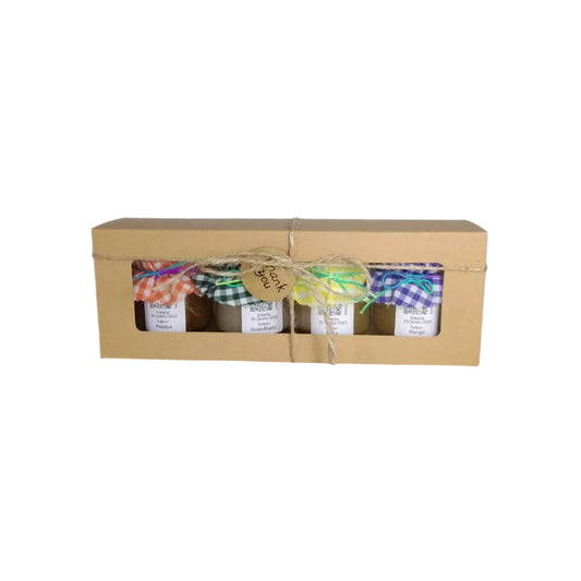 Caja de Regalo Del Palo Al Pote – Mermeladas Artesanales (Papaya, Guanábana, Piña, Mangó)