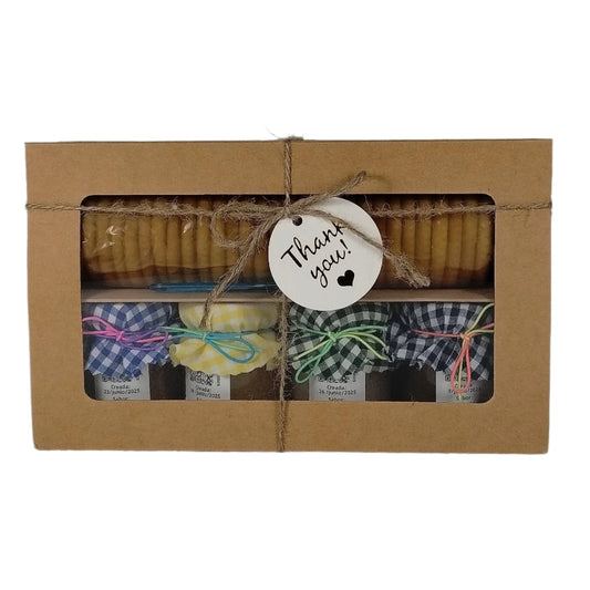Caja de Regalo Del Palo Al Pote – Mermeladas Artesanales con Galletas y Cuchara (Mangó, Piña, Guanábana, Tamarindo)
